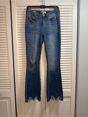 Vigoss Medium Blue Flare Jeans with Distressed Hem